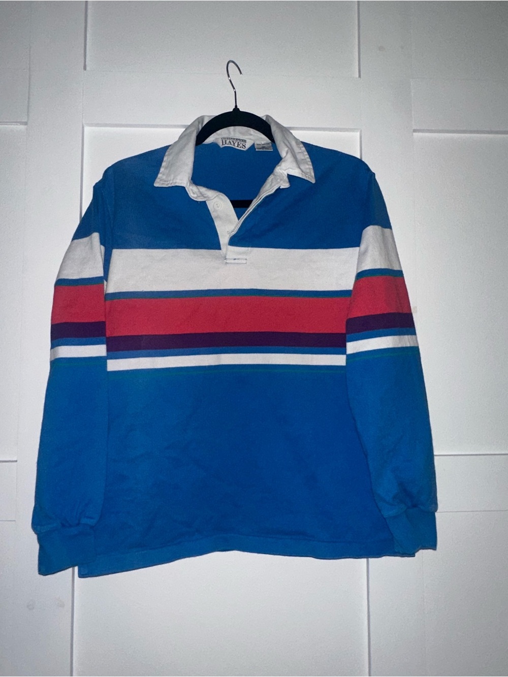 Blue Rugby Stripe Long Sleeve Top with pink and White Accents